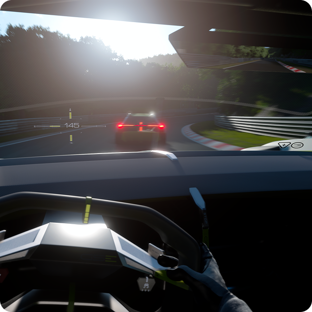 Ansicht aus dem Cockpit des Corsa GSE Vision Gran Turismo auf die Straße.